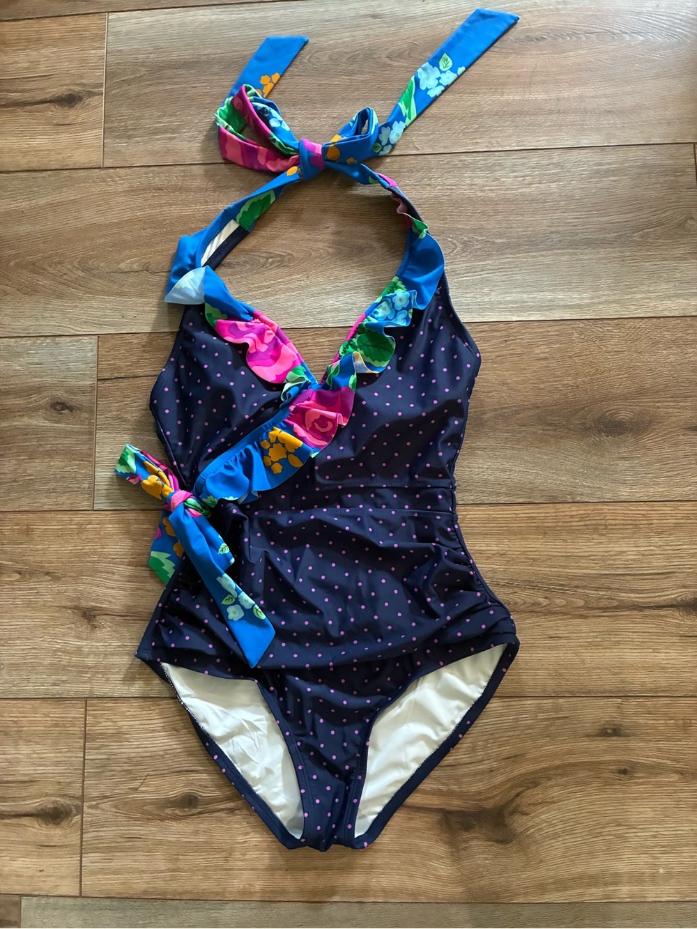 Matilda Jane sz S Navy Polka Dot One-Piece Swimsuit with Floral Trim nwot
